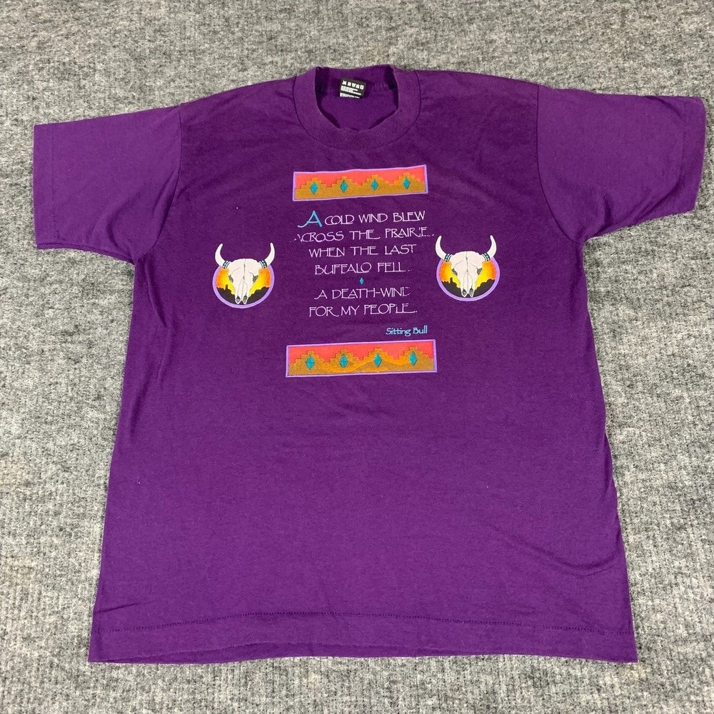 Vintage Fruit of the Loom T Shirt‎ Mens L Purple Sitting Bull Single Stitch 90s